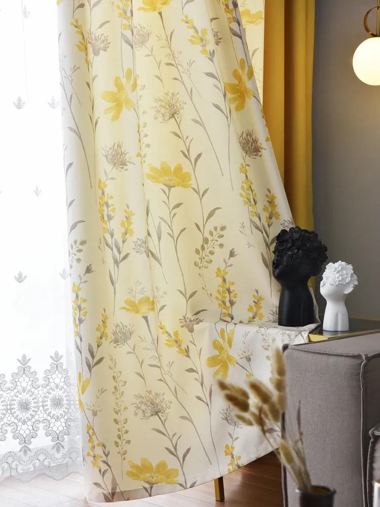 맞춤형 작은 신선한 정원 꽃무늬 아메리칸 커튼 침실, 새로운 거실 모던 크림, 노란색-녹색 세미 음영